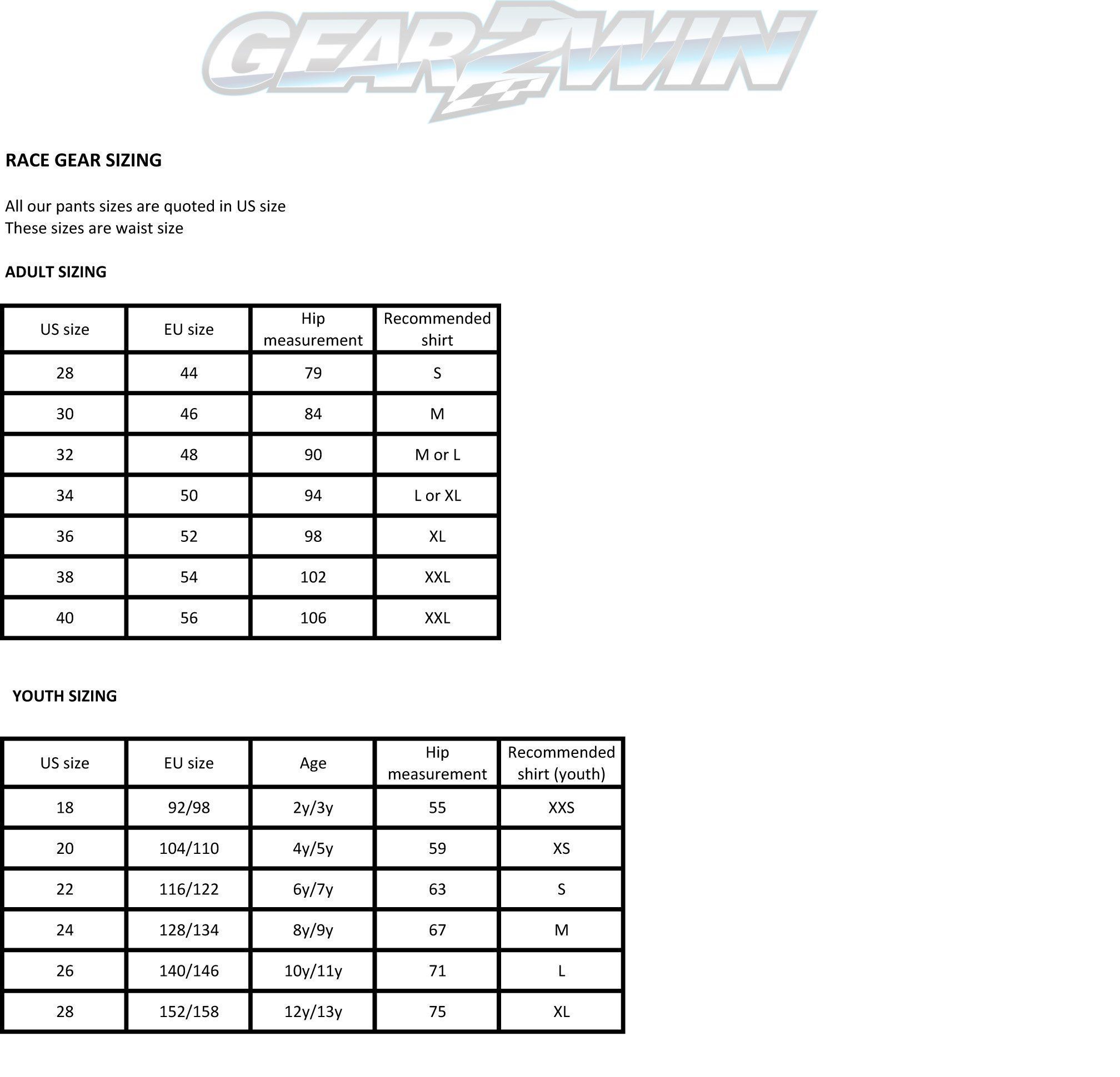 Gear2win Race Gear sizing chart